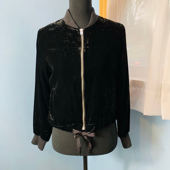 J.Crew Black Velvet Bomber Jacket with Waist Ties Size XS - Picture 2 of 8